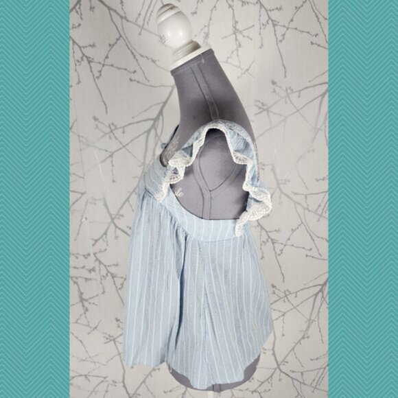 Axara Paris Blue Stripe Square Neck Ruffle Cap Sleeve Top - Picture 2 of 3